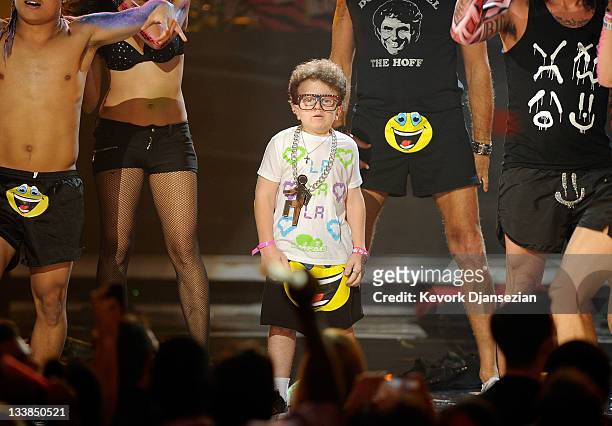 Keenan Cahill performs with LMFAO onstage at the 2011 American Music Awards held at Nokia Theatre L.A. LIVE on November 20, 2011 in Los Angeles,...