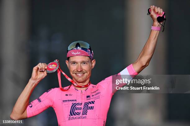 Magnus Cort Nielsen of Denmark and Team EF Education - Nippo celebrates winning the most combative trophy on the podium ceremony after the 76th Tour...