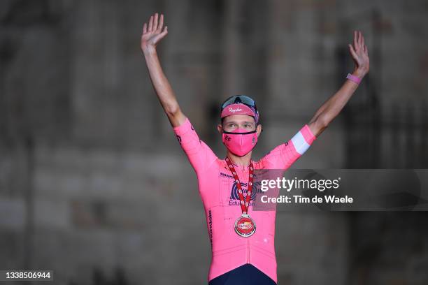 Magnus Cort Nielsen of Denmark and Team EF Education - Nippo celebrates winning the most combative trophy on the podium ceremony after the 76th Tour...