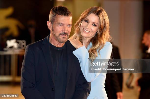 Antonio Banderas and Nicole Kempel attend the red carpet of the "Filming Italy Award" during the 78th Venice International Film Festival on September...