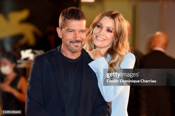 Antonio Banderas and Nicole Kempel attend the red carpet of the "Filming Italy Award" during the 78th Venice International Film Festival on September...