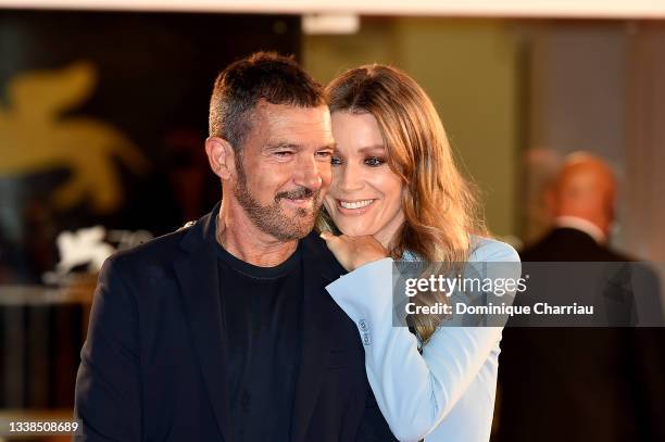 Antonio Banderas and Nicole Kempel attend the red carpet of the "Filming Italy Award" during the 78th Venice International Film Festival on September...