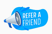 Refer a Friend Banner with Megaphone and Blue Spot. Referral Program for Promotional Advertisement Campaign, Marketing