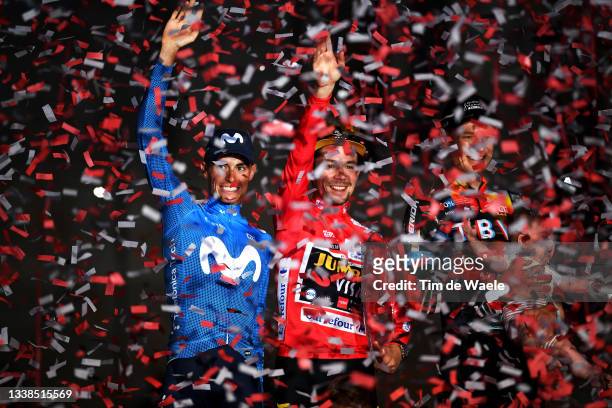 General view of Enric Mas Nicolau of Spain and Movistar Team, Primoz Roglic of Slovenia and Team Jumbo - Visma red leader jersey and Jack Haig of...