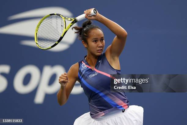 Leylah Fernandez of Canada returns against Angelique Kerber of Germany during her Women’s Singles round of 16 match on Day Seven at USTA Billie Jean...