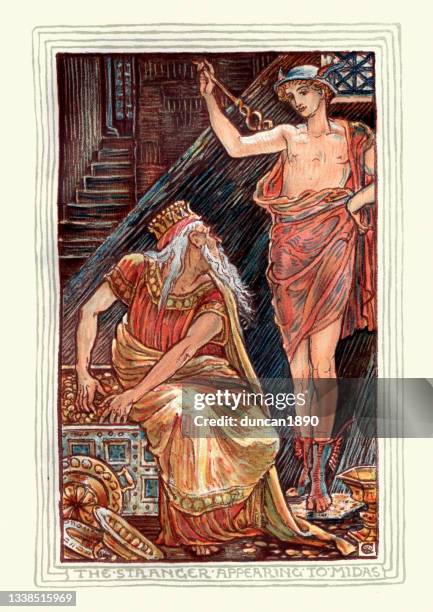 the stranger appearing to king midas, greek mythology - hermes greek god stock illustrations