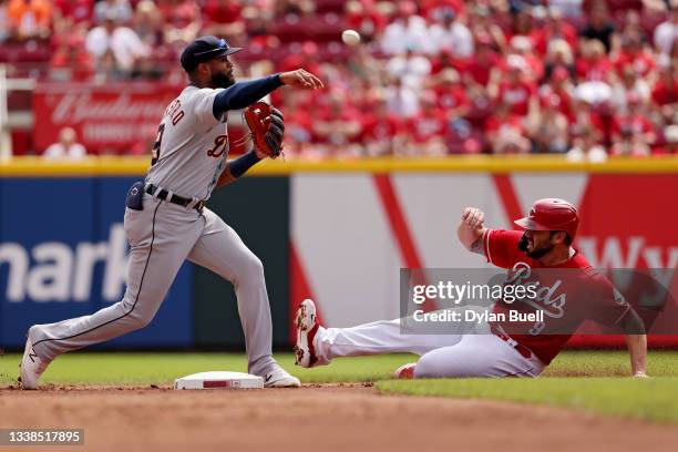 Willi Castro of the Detroit Tigers attempts to turn a double play past Mike Moustakas of the Cincinnati Reds in the fifth inning at Great American...