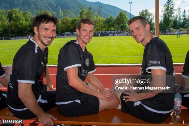 Felix Neureuther, Lars Bender and Sven Bender during the Bachmair Weissach VIP Charity Football Match at Stadion am Birkenmoos on September 05, 2021...