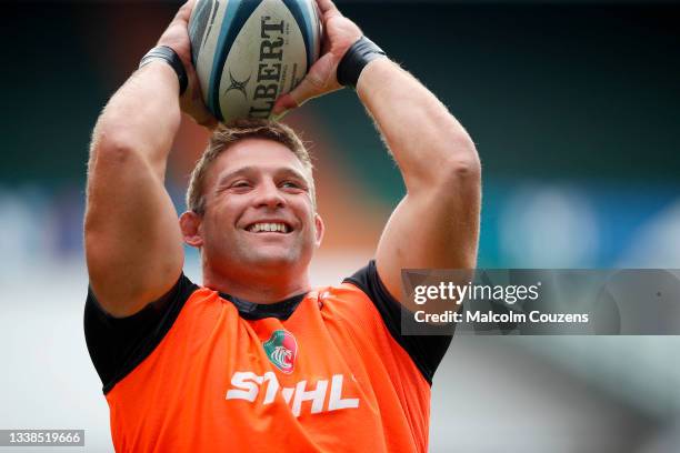 Tom Youngs of Leicester Tigers warms-up during the Pre-Season Friendly between Leicester Tigers and Newport Gwent Dragons at Mattioli Woods Welford...