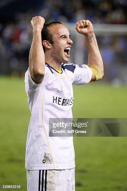 Landon Donovan of the Los Angeles Galaxy acknowledges the fans after defeating the Houston Dynamo 1-0 to win the 2011 MLS Cup at The Home Depot...