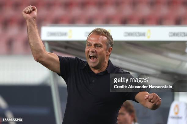 Hans-Dieter Flick, Head Coach of Germany celebrates the 2nd team goal during the 2022 FIFA World Cup Qualifier match between Germany and Armenia at...