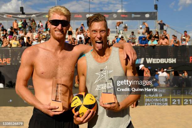 Chase Budinger and Casey Patterson celebrate after defeating Tri Bourne and Trevor Crabb during the AVP Gold Series Chicago Open at the Oak Street...