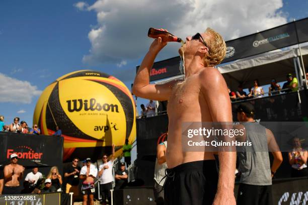 Chase Budinger celebrates after defeating Tri Bourne and Trevor Crabb during the AVP Gold Series Chicago Open at the Oak Street Beach on September...