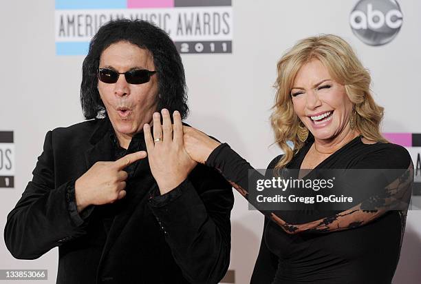 Musician Gene Simmons and wife Shannon Tweed arrive at the 2011 American Music Awards at Nokia Theatre L.A. Live on November 20, 2011 in Los Angeles,...