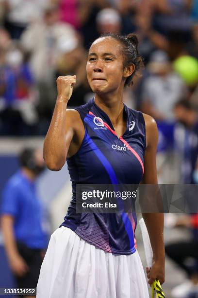 Leylah Fernandez of Canada celebrates match point against Angelique Kerber of Germany during her Women’s Singles round of 16 match on Day Seven at...