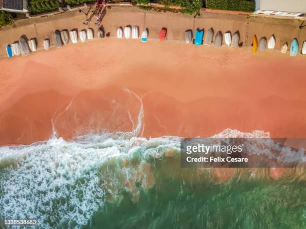 aerial view of a sandy beach in vivid colors. - orange new south wales stock pictures, royalty-free photos & images