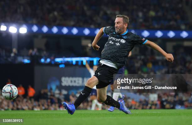 Lee Mack of Soccer Aid World XI during the Soccer Aid for Unicef 2021 match between England and Soccer Aid World XI at Etihad Stadium on September...