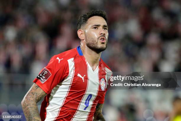 Antonio Sanabria of Paraguay celebrates after scoring the first goal of his team during a match between Paraguay and Colombia as part of South...