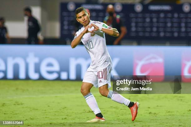 Orbelin Pineda of Mexico celebrates after scoring the first goal of his team during the match between Costa Rica and Mexico as part of the Concacaf...