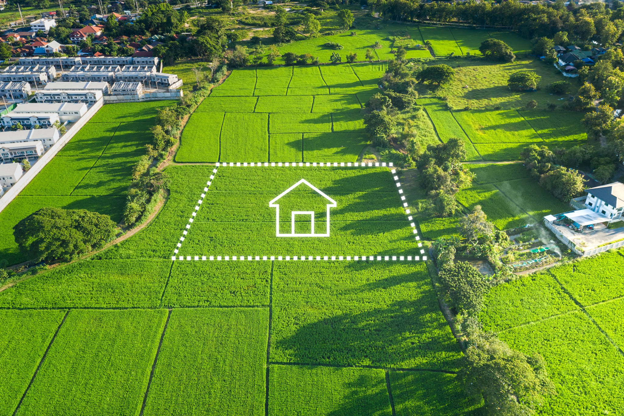 Land or landscape of green field in aerial view and home or house icon. Land or landscape of green field in aerial view and home or house icon.