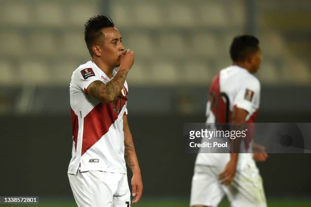 Christian Cueva of Peru celebrates after scoring the first goal of his team during a match between Peru and Venezuela as part of South American...