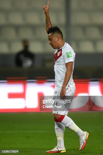 Christian Cueva of Peru celebrates after scoring the first goal of his team during a match between Peru and Venezuela as part of South American...