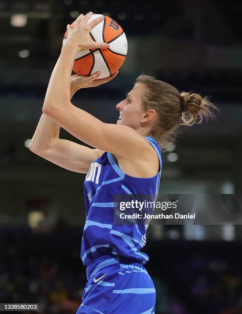 Allie Quigley of the Chicago Sky shoots against the Las Vegas Aces at Wintrust Arena on September 05, 2021 in Chicago, Illinois. The Sky defeated the...
