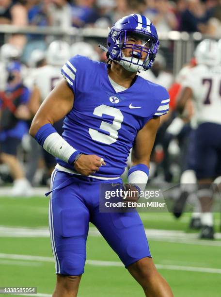 Defensive back Chaz Ah You of the Brigham Young Cougars reacts after the Arizona Wildcats missed a field goal during the Good Sam Vegas Kickoff...