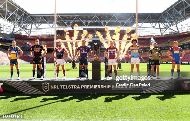 Captains Clint Gutherson of the Parramatta Eels, Isaah Yeo of the Penrith Panthers, James Tedesco of the Sydney Roosters, Dale Finucane of the...