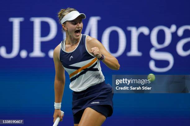 Barbora Krejcikova of Czech Republic celebrates winning a set against Garbine Muguruza of Spain during their Women's Singles fourth round match on...