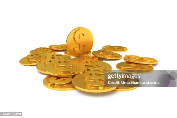 pile of gold coins with dollar sign against white background. - geld und finanzen stock-fotos und bilder