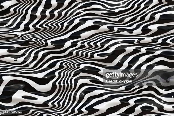 abstract geometric distirted wave background. black and white 3d swirl objects shapes. minimalism still life style - zebramuster stock-fotos und bilder