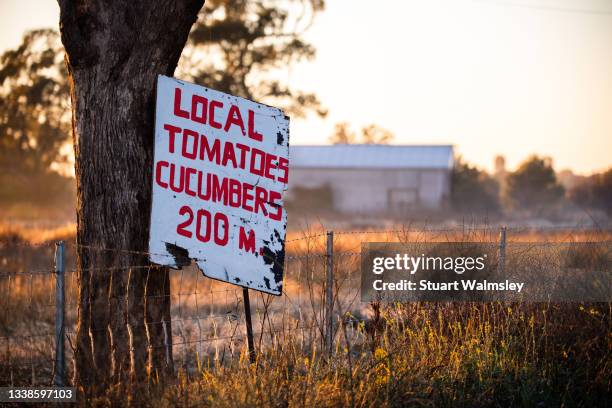 road sign advertising local produce - farm produce market fotografías e imágenes de stock