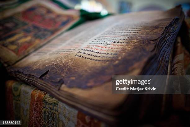 Years old Goat Skin Bible in the new St. Mary Church of Zion in Aksum on January 25, 2011 in Aksum, Ethiopia.