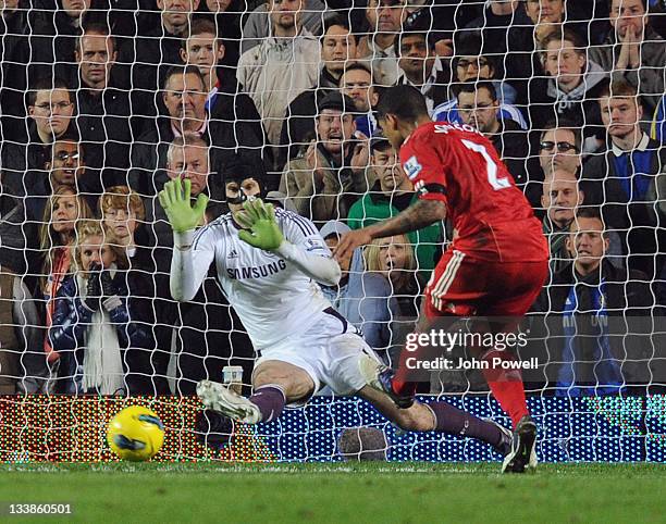 Glen Johnson of Liverpool scores the winning goal during the Barclays Premier League match between Chelsea and Liverpool at Stamford Bridge on...