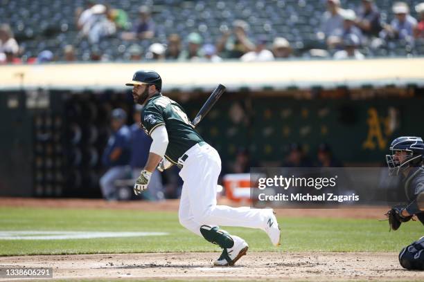 Mitch Moreland of the Oakland Athletics bats during the game against the Seattle Mariners at RingCentral Coliseum on August 24, 2021 in Oakland,...