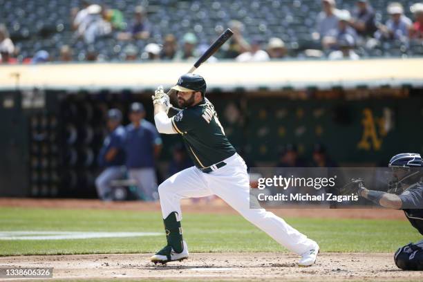 Mitch Moreland of the Oakland Athletics bats during the game against the Seattle Mariners at RingCentral Coliseum on August 24, 2021 in Oakland,...