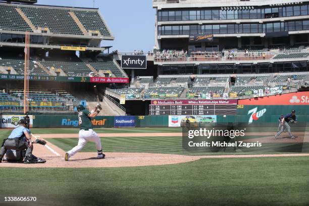 Mitch Moreland of the Oakland Athletics bats during the game against the Seattle Mariners at RingCentral Coliseum on August 24, 2021 in Oakland,...