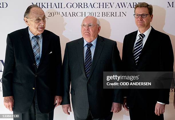 Former Soviet Union President Mikhail Gorbachev , German foreign minister Guido Westerwelle and former German foreign minister Hans-Dietrich Genscher...