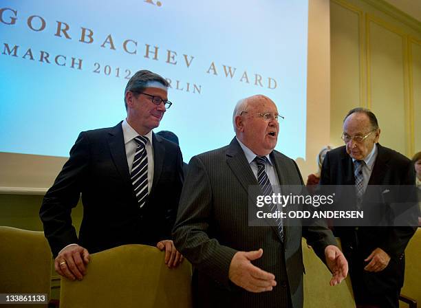 Former Soviet Union President Mikhail Gorbachev , German foreign minister Guido Westerwelle and former German foreign minister Hans-Dietrich Genscher...