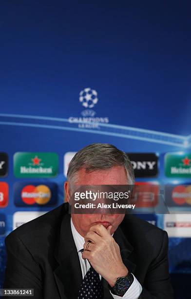 Sir Alex Ferguson the manager of Manchester United faces the media during a press conference ahead of the UEFA Champions League Group C match against...