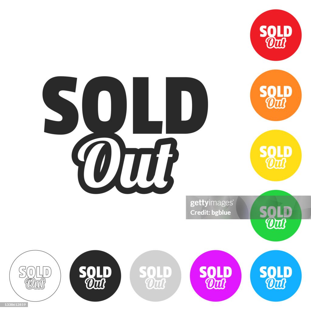 Sold Out. Flat icons on buttons in different colors