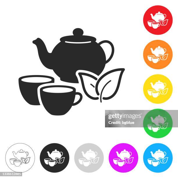 teapot and cup. flat icons on buttons in different colors - tea leaf stock illustrations