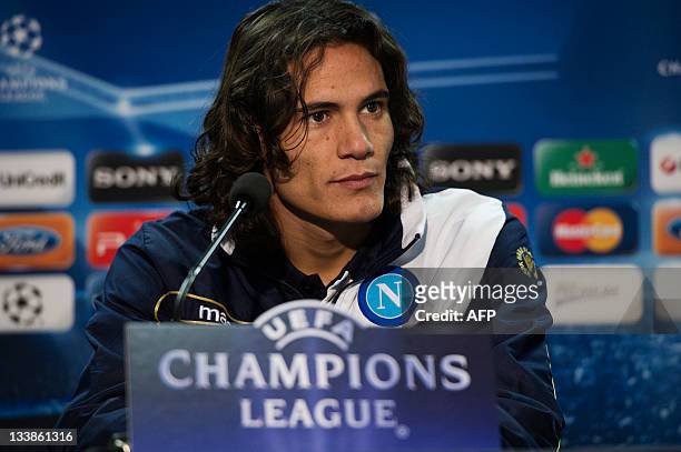 Napoli's forward Edinson Cavani speaks during a press conference on the eve of his team's Champions League Group A football match on November 21,...