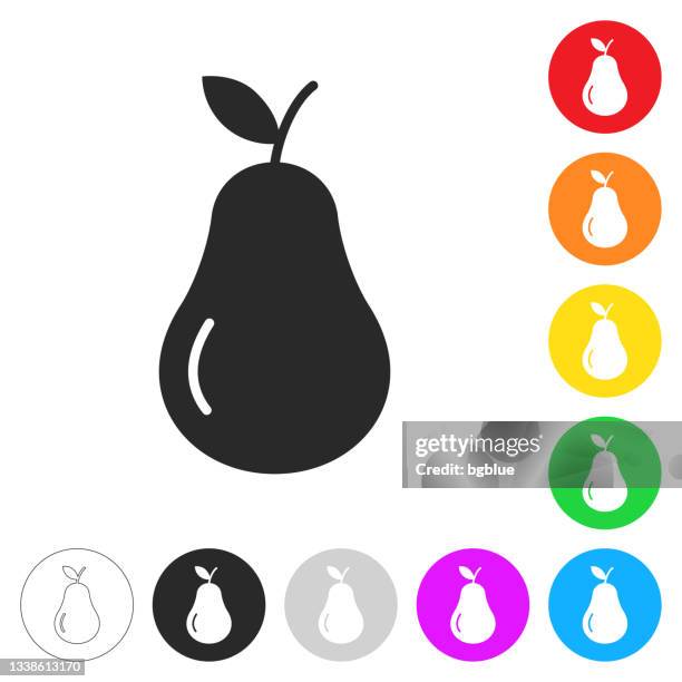 birne. flache symbole auf schaltflächen in verschiedenen farben - pear stock-grafiken, -clipart, -cartoons und -symbole