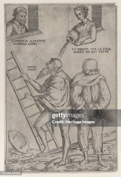 Man climbs a ladder while a woman throws water [?] on him from above, 1575-99. [Aspetta aspetta Mariolo ladro; Tu menti per la gola andem da qui...