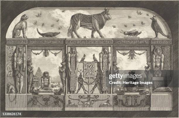 Ancient Egyptian ornament, 1769. [Altro spaccato per longo della stessa bottega, ove si vedono fra le aperture del vestibolo le immense piramidi, ed...