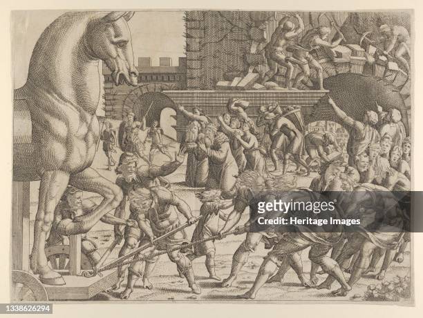 The Trojans Bring the Wooden Horse into Their City, 1535-55. Artist Jean Mignon.