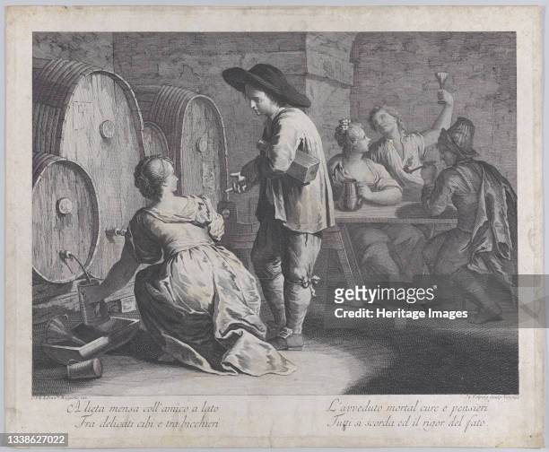 Barmaid filling mugs at left, a man holds a bottle at center, and three people sit at a table drinking at right, 1760-70. Artist Giovanni Volpato.