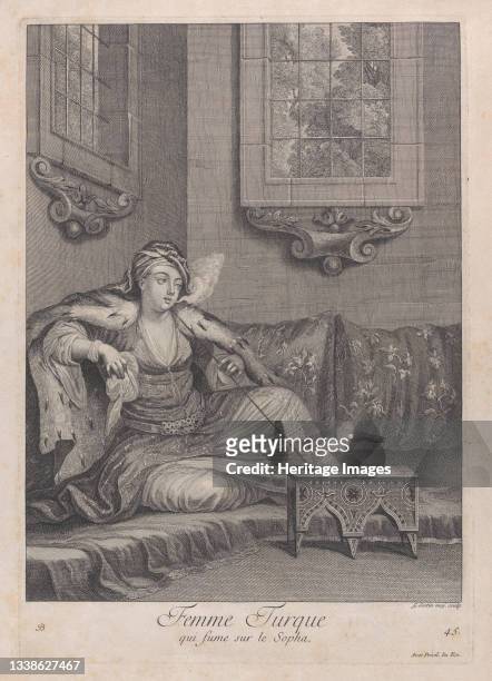 Femme Turque, qui fume sur le Sopha, 1714-15. Artist Unknown.